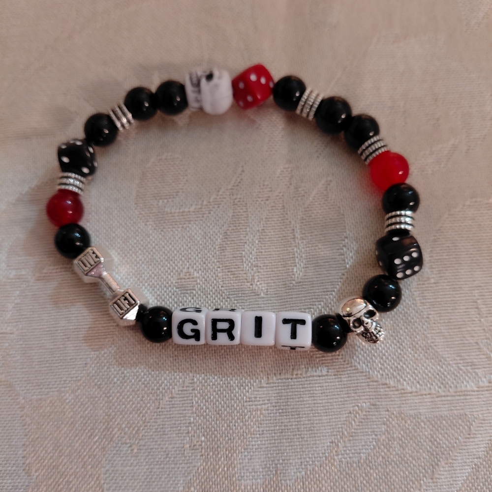 Black and Red Beaded Bracelet with 'GRIT' Charm